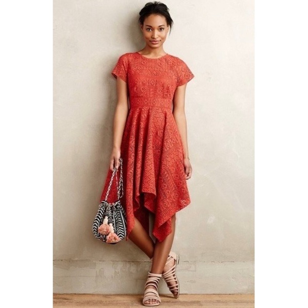 Anthropologie Coral Red Lace Midi Dress